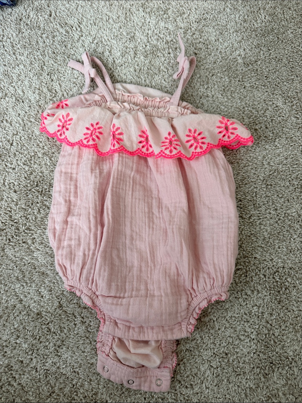 Girls Pink Ruffle Romper with Neon Embroidery